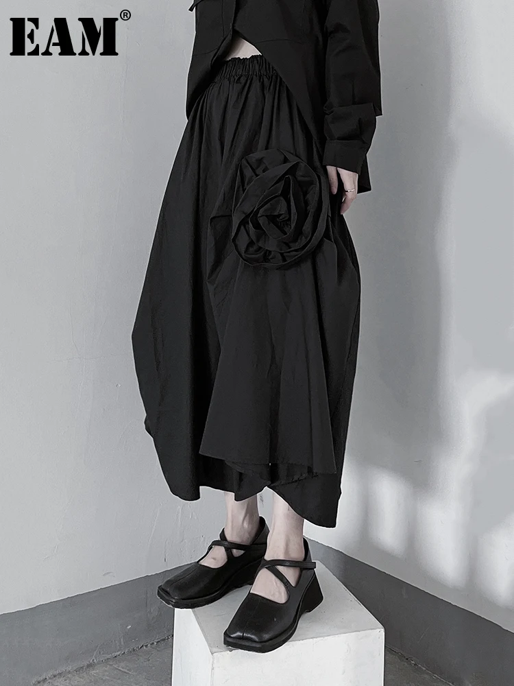

[EAM] High Elastic Waist Black Pleated Three Dimensional Flower Half-body Skirt Women Fashion New Spring Autumn 2023 1DF5917