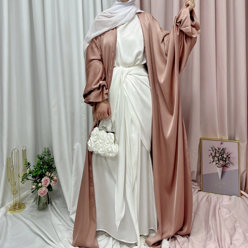 Летнее однотонное атласное кимоно-абайя с пышными рукавами, мусульманский хиджаб, платье для турецкой женщины, Дубайский кафтан, молитва, м...