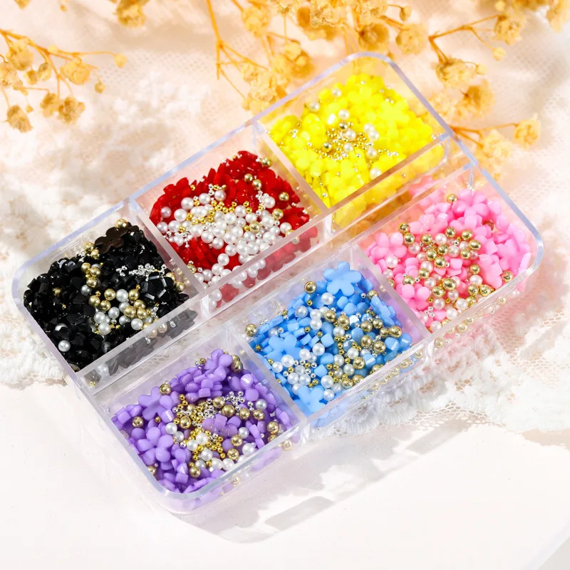 

350pcs 6-Styles Acrylic Flowers Nail Decoration Crystal Metal Beads Acrylic Nails Art Gem 3/6 Acrylic Flower Nail Art Decoration