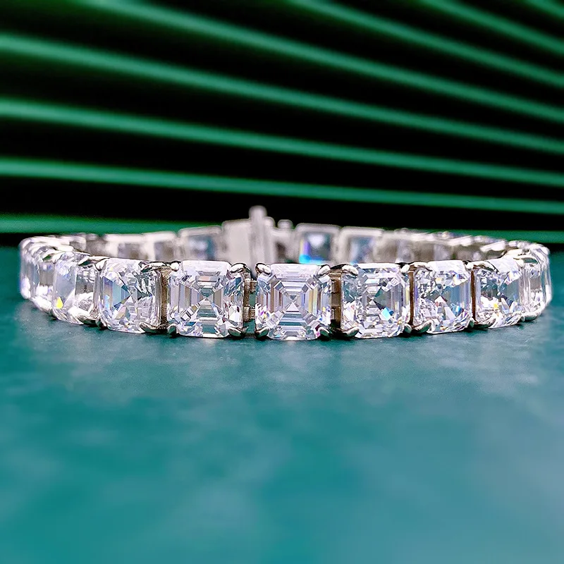 

Asscher Cut Moissanite Diamond Bracelet 100% Real 925 Sterling Silver Engagement Wedding bangles Bracelets for women Men Jewelry