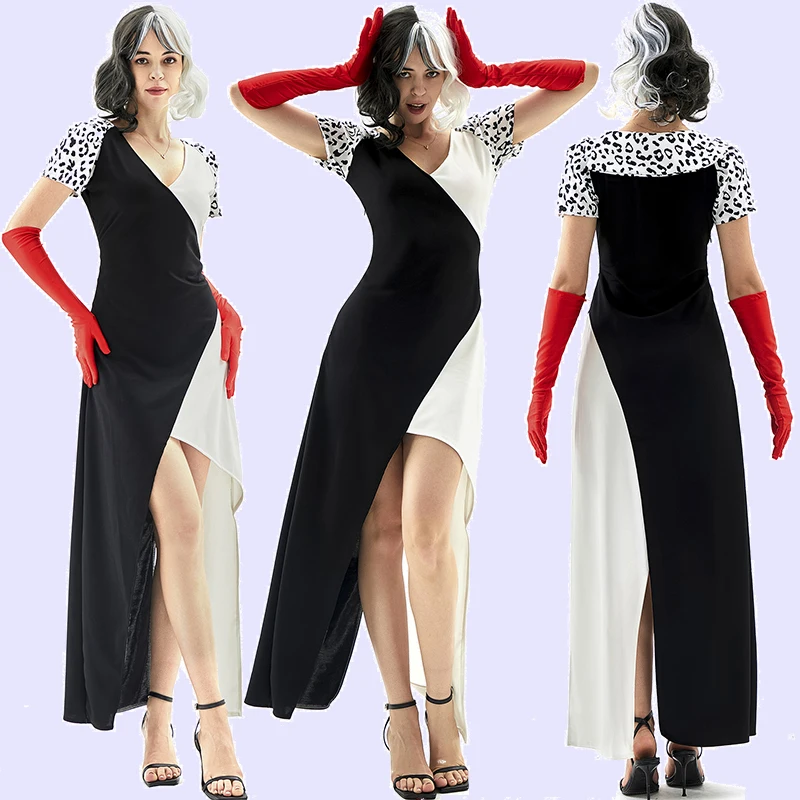 

Movie Cruella Costumes For Women Party Costume Ladies Black and White Dress Skirt Witch for Christmas and Halloween Days