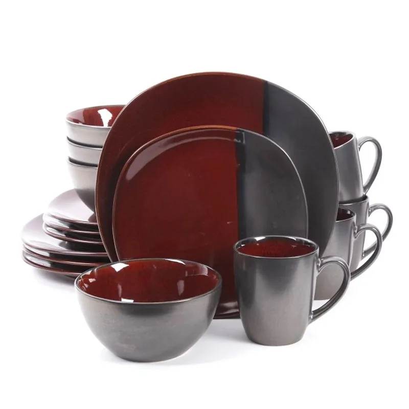 S Full Set 16 Piece Round Stoneware Dinnerware Set In Red And Brown