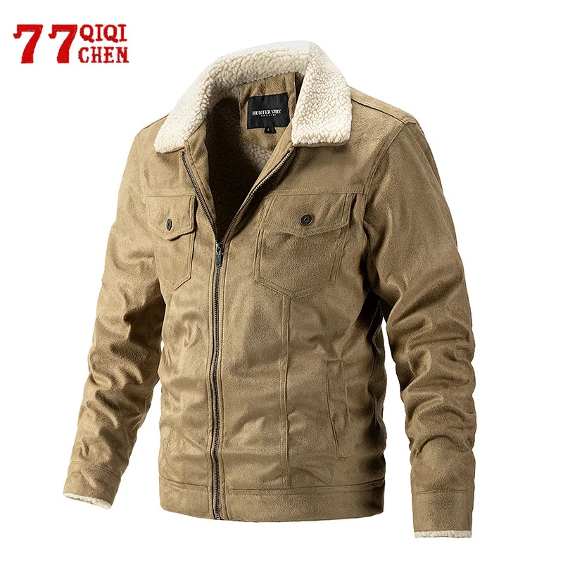 Winter Lambwool Lining Jacket Men Casual Lapel Parkas Coats Warm Windbreaker Overcoat Retro Motorcycle Bomber Jackets Homme