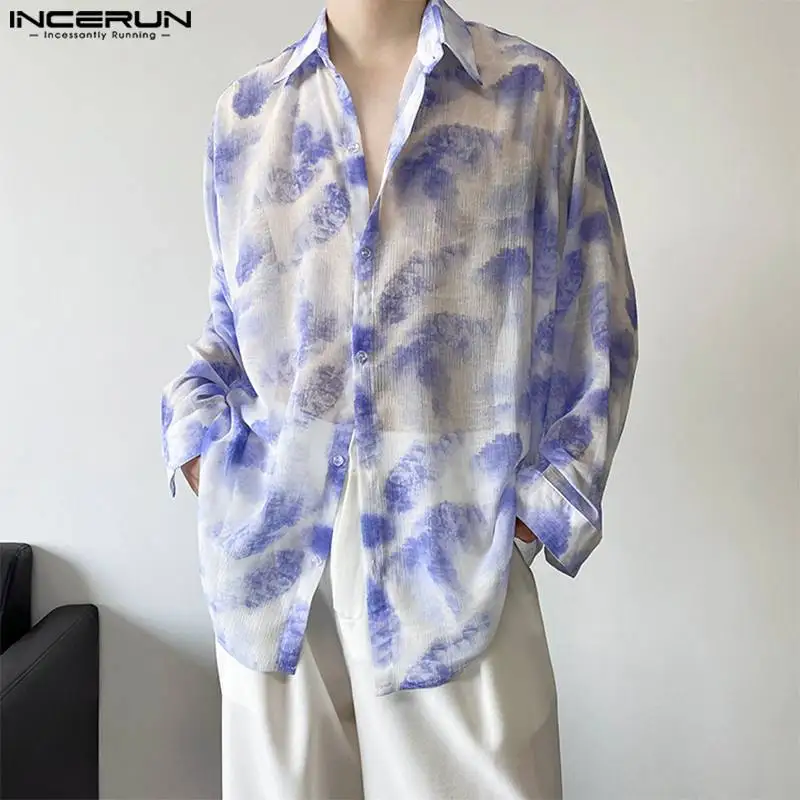 

2023 Men Shirt Tie Dye Transparent Lapel Long Sleeve Men Clothing Korean Stylish Streetwear Loose Casual Shirts S-5XL INCERUN