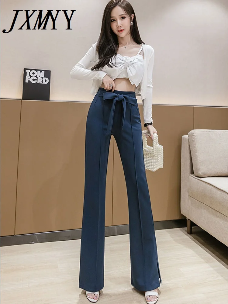 

2022 Spring And Autumn Comfortable New Products Elastic High Waist Bow Tie Casual Ninth Pants Flared Pants Slit Women's Clothing