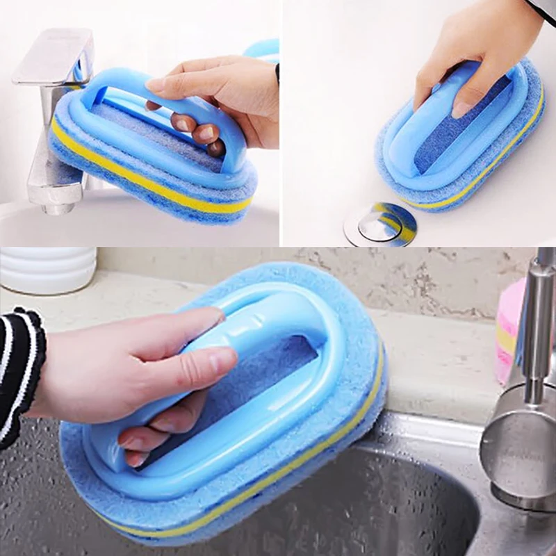 

Blue Multi-function Handles Sponge Brush Kitchen Bathroom Cleaning Sponge Brush Plastic Handle Sponge Bath Bottom Bathtub Brush