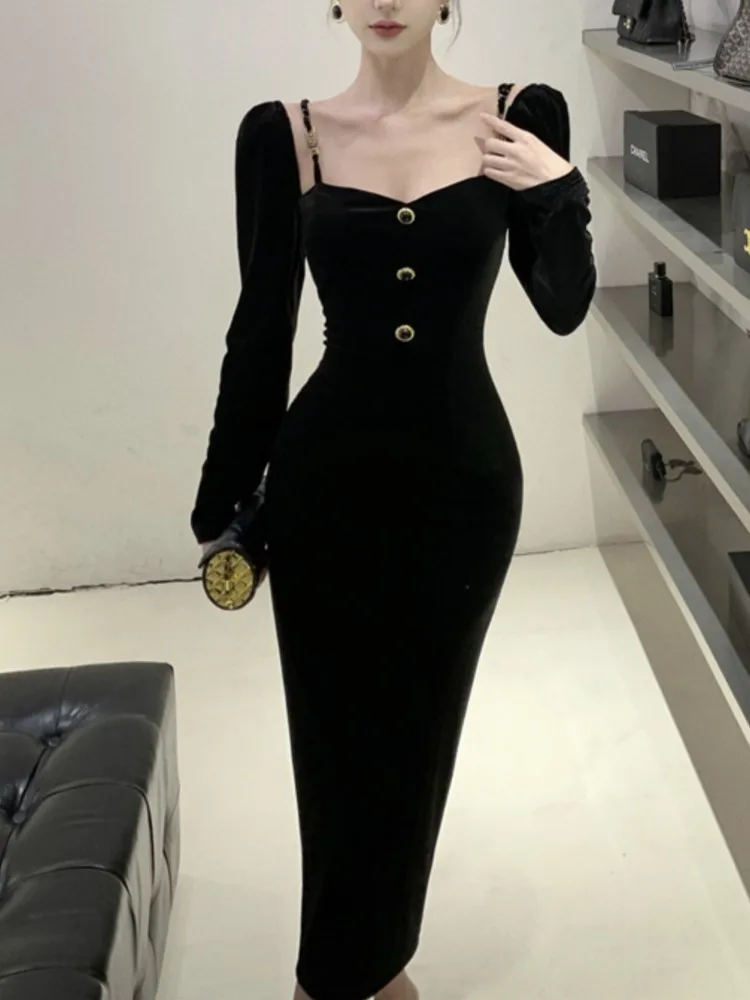 

French Vintage Velvet Midi Dress Women Long Sleeve Square Collar Slit Slim Wrap Hip Autumn Female Evening Party Vestidos Mujer