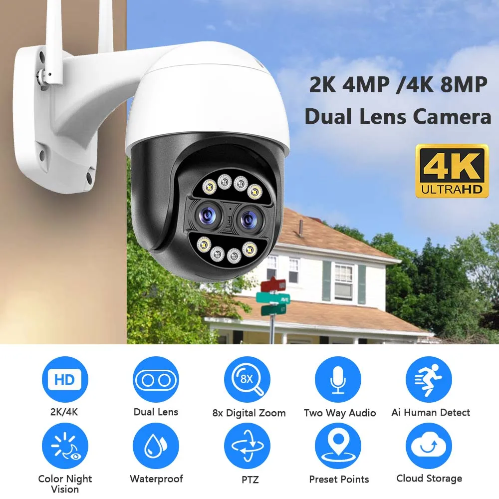

8MP PTZ WIFI Camera Dual-Lens 8XDigital Zoom Two-Way Audio Waterproof Outdoor 4MP ICSEE ONVIF Surveillance Wireless IP Camera