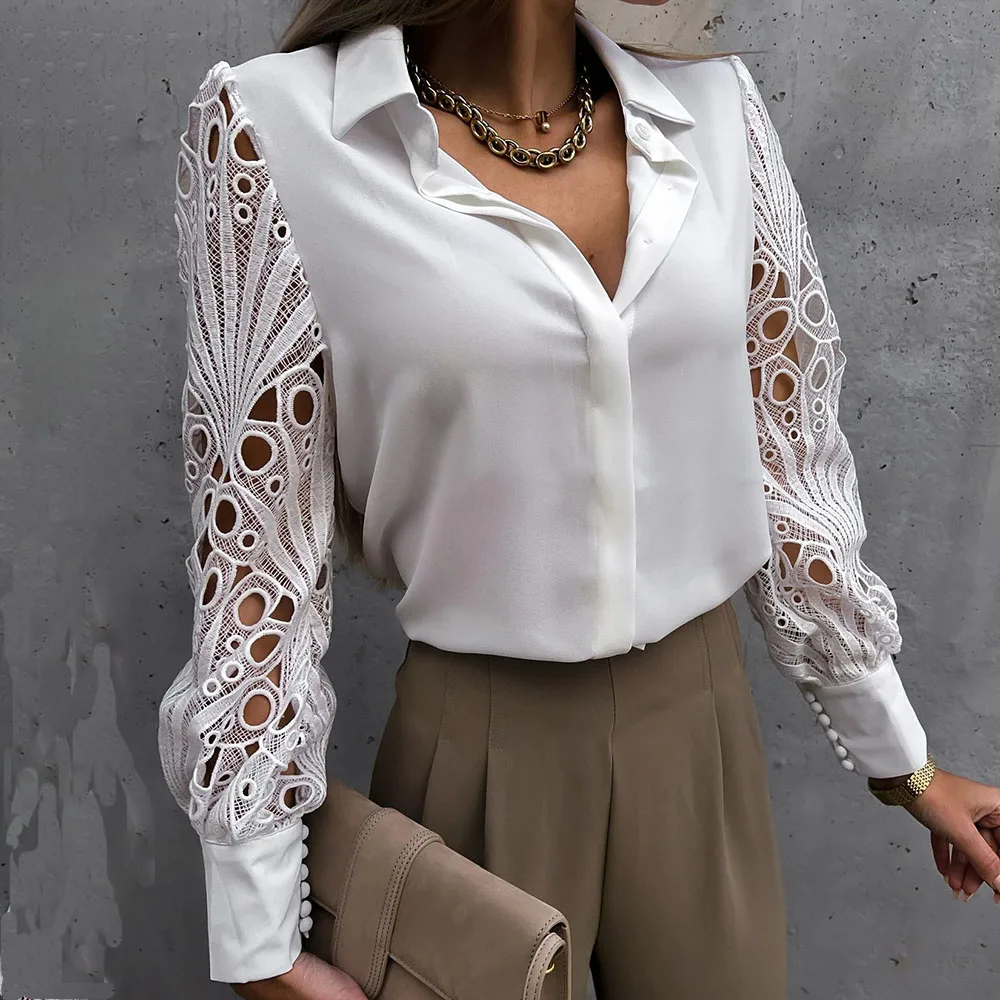 

Elegant Long-sleeved Women's Shirts Fashionable Lapel Buttons Office Embroidered Cut-out Shirts Street Wear