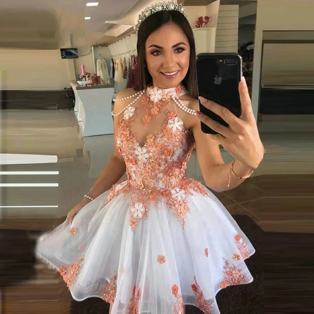 

ANGELSBRIDEP Classic Short Homecoming Dresses 3D Flower Beading Pearls Little Princess Birthday Mini Graudation Cocktail Gown