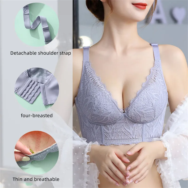 Bralette For Women Non-wired Push Up Bra Big Breasts Show Small Adjustment Brassiere Thin Section 3/4 Cup Lift Lace Lingerie