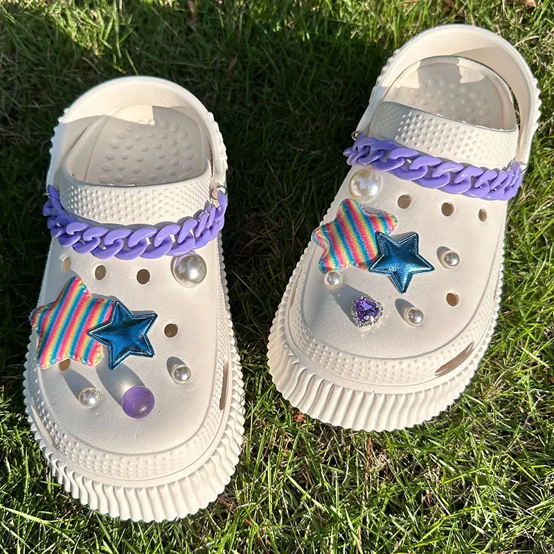 Y2K Stars Shoes Charms Purple Chunky Acrylic Chains Vintage Bling Heart Rhinestones Starry Sky Pearl Accessories Shoe Jewelry