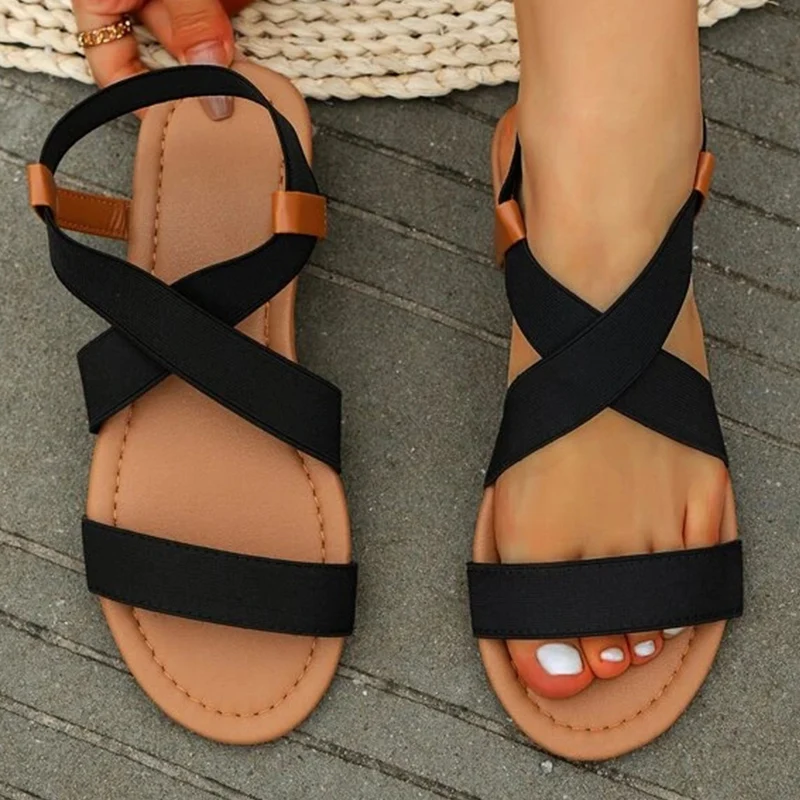 2023 New Women Ankle Strap Sandals Elastic Strap Fashion Flat Sandals Black Summer Outdoor Simplicity Design Woman Shoes