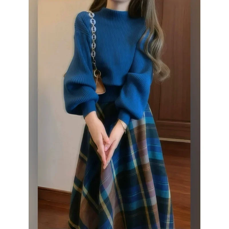 Осенне-зимний новый французский ретро синий вязаный свитер с полуводолазкой +