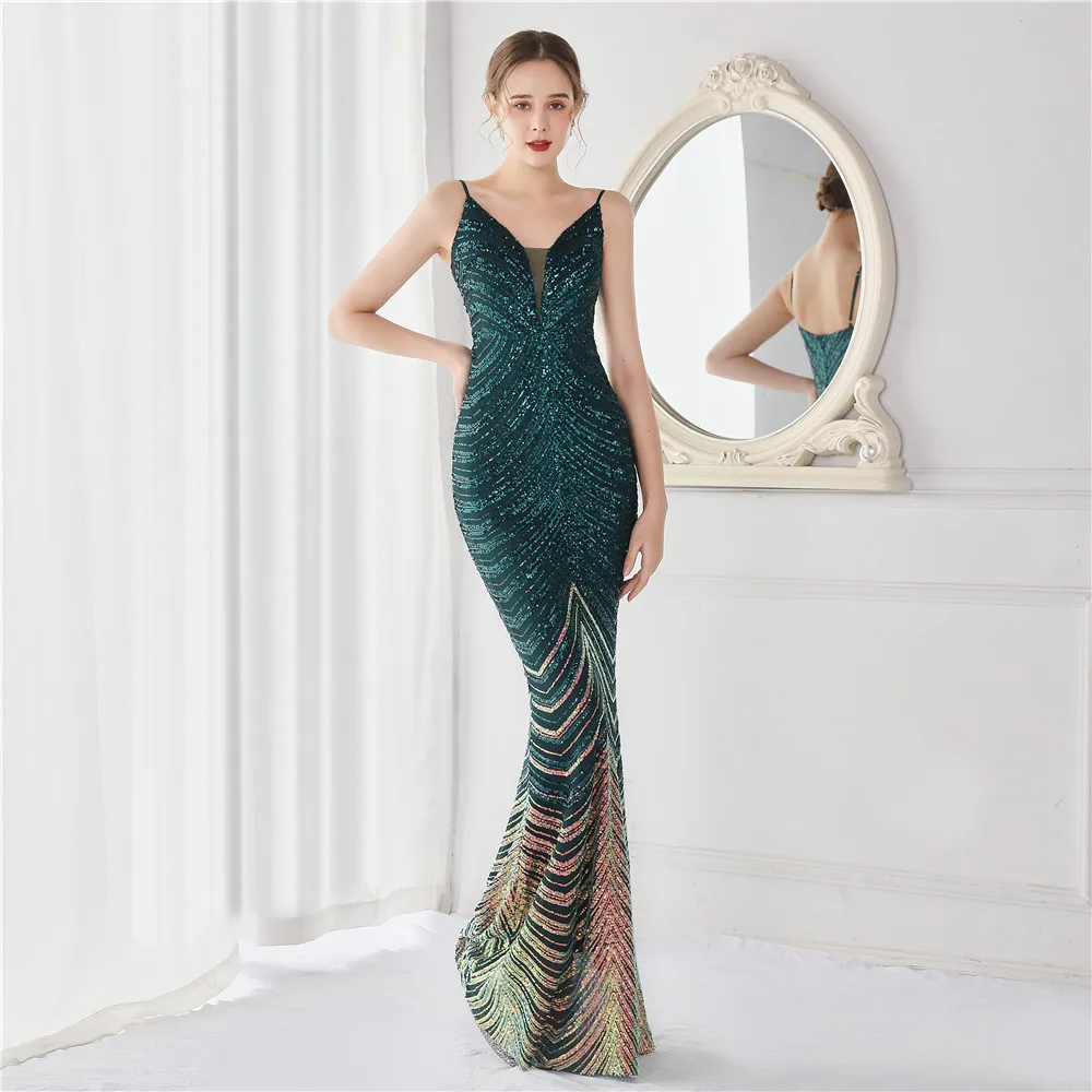 

2022 New Women Elegant Spaghetti Strap Sleeveless Formal Evening Dress Sexy Mermaid Sequin Backless Party Maxi Dress Vestidos