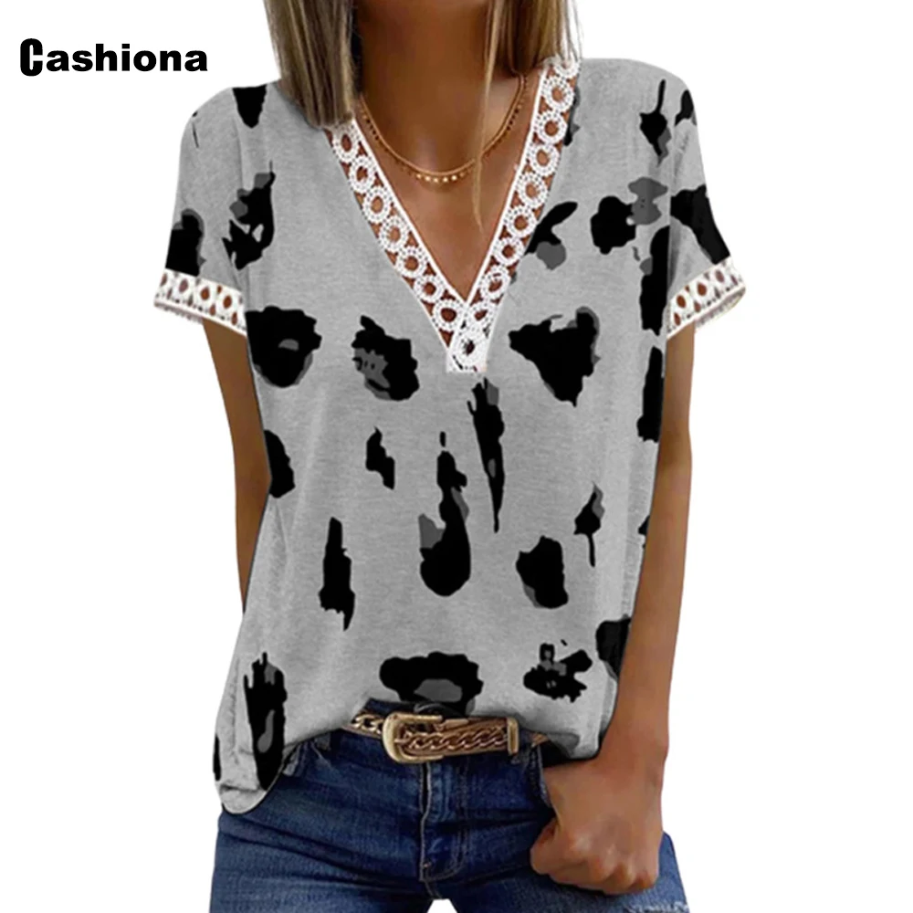 

Cashiona Women's Latest Casual T-shirt Vintage Colorblock Print Tops Oversize Ladies Pullovers 2022 Summer Lace Tees shirt Femme