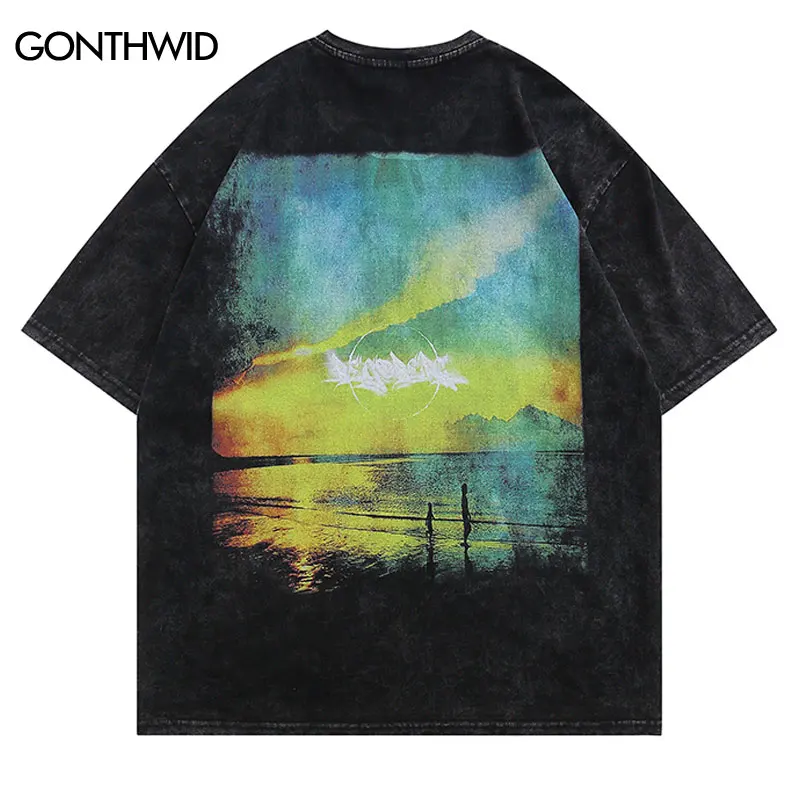 

Vintage T Shirt Hip Hop Sunset Graphic Print Retro Distressed T-Shirt Harajuku Casual Cotton Short Sleeve Tshirt 2022 Summer Top