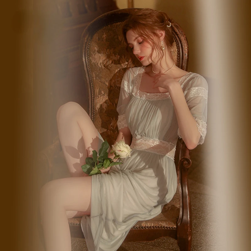 Sexy Sleepwear Women Night Dress Mesh Perspective Mesh Thin Lace Sling Long Nightwear Night Gown Night Dress Home Clothes