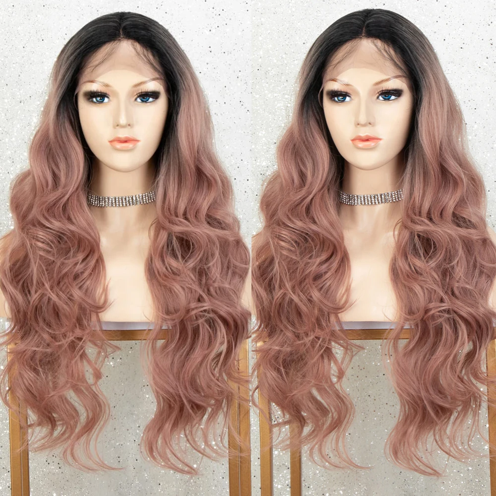 Kryssma-Peluca de cabello sintético para mujer, cabellera con malla frontal de color rosa ceniza, largo cuerpo ondulado, pelo de bebé Natural, color rosa degradado, Cosplay