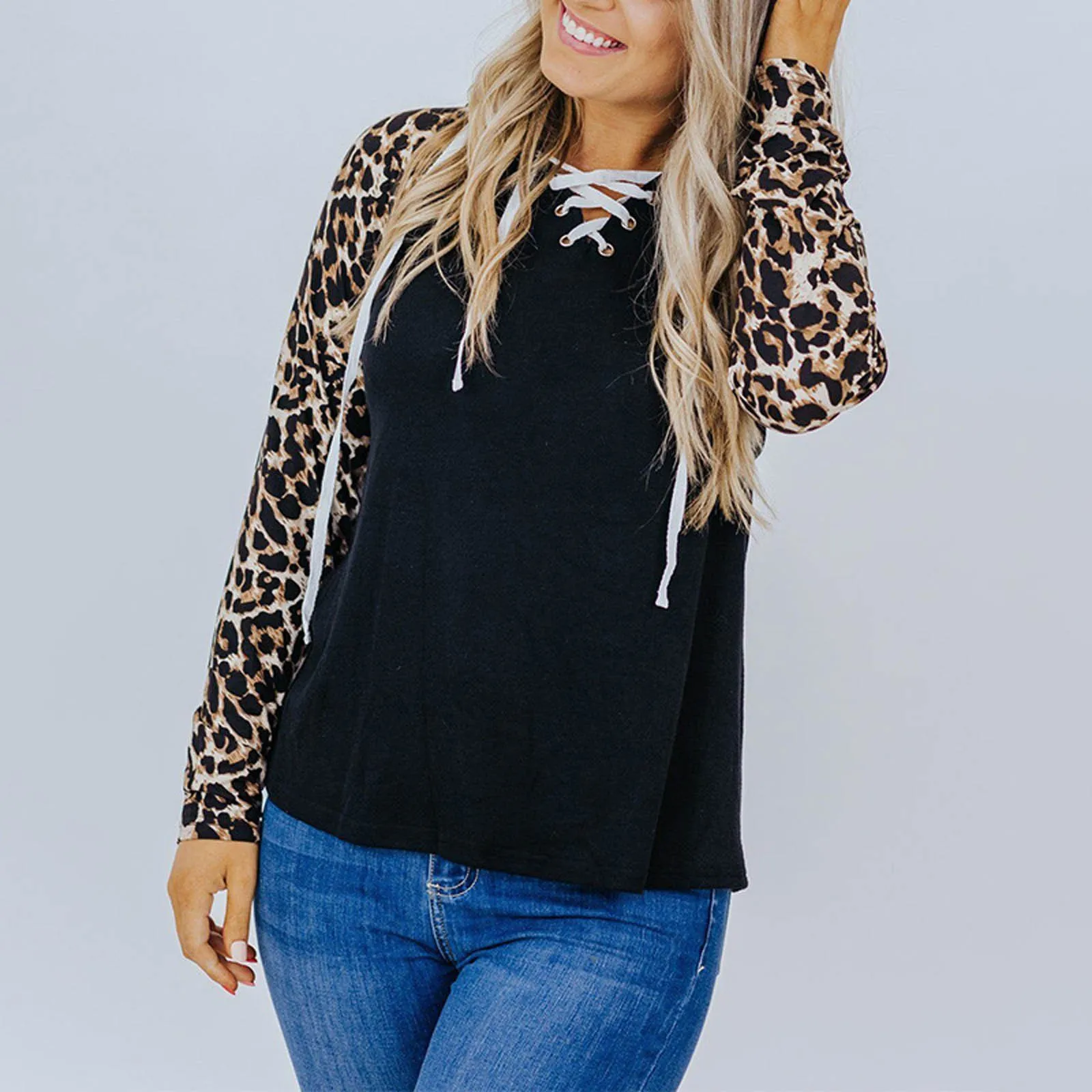 

Print Leopard Casual Hooded Top Long V-Neck Sleeve Tie Stitching Casual Women's Active Short Sets Women Lady Tee Short Sleeve