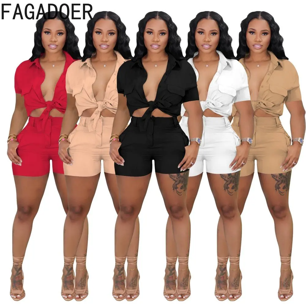 

FAGADOER Fashion Shirts Matching Two Piece Sets Women Turndown Collar Button Top And Shorts Tracksuits Casual Solid 2pcs Outfits