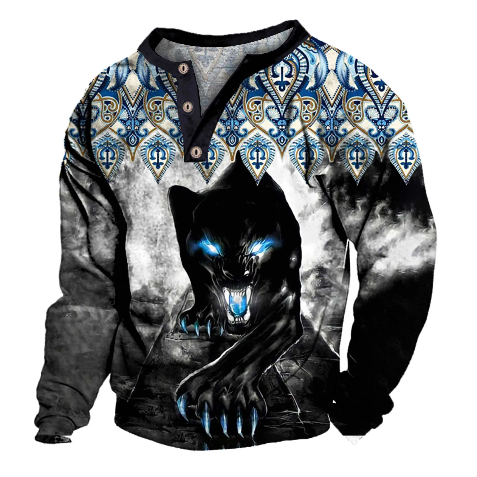 

Модная мужская футболка Vintag с этническим рисунком, с изображением волка, на пуговицах, с длинным рукавом, весна-осень, Мужская футболка овер...