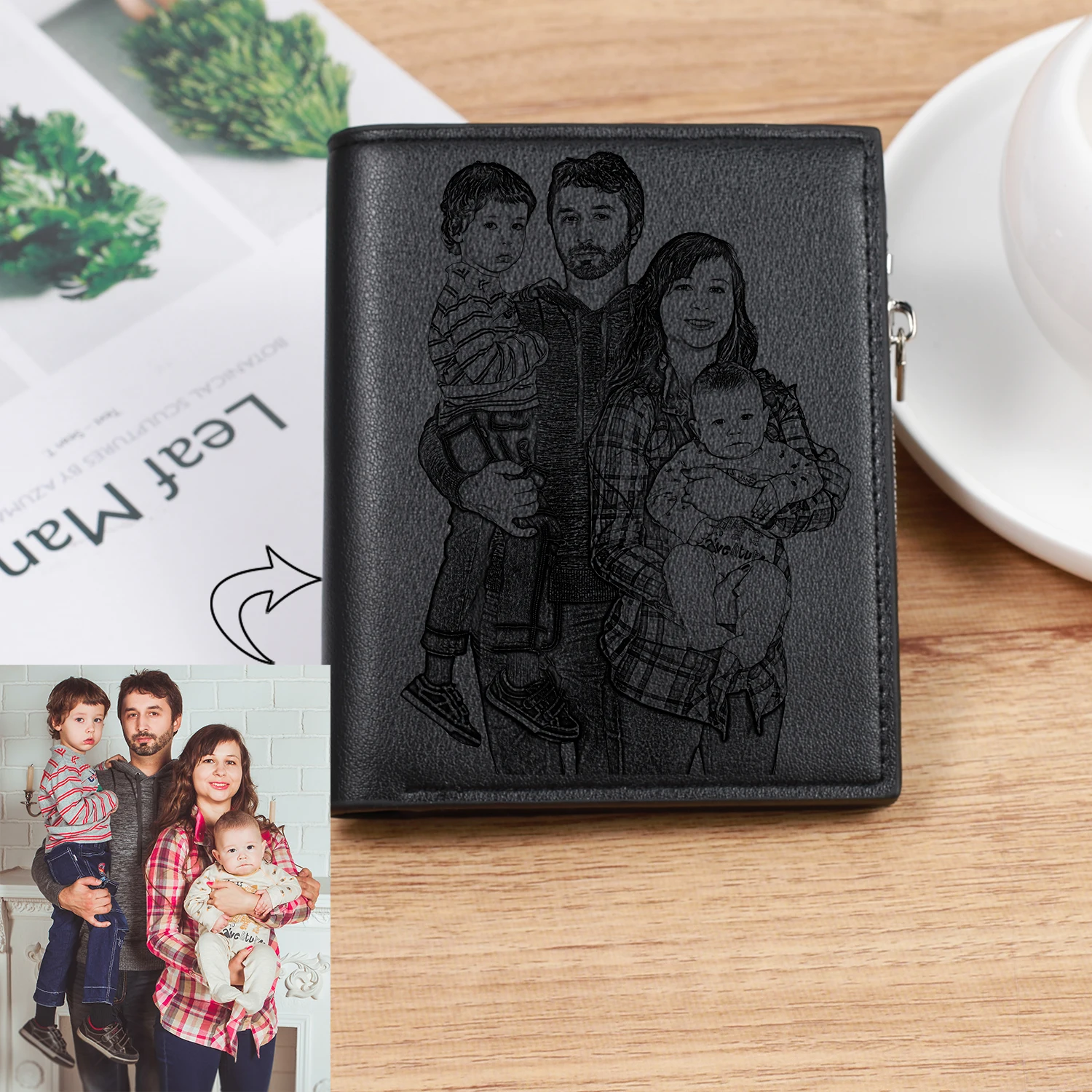 Custom Photo Wallet PU Leather with Zipper Multiple Card Slots Coin Pocket Vertical Wallet Holds Phone Cards Best Gift for Men