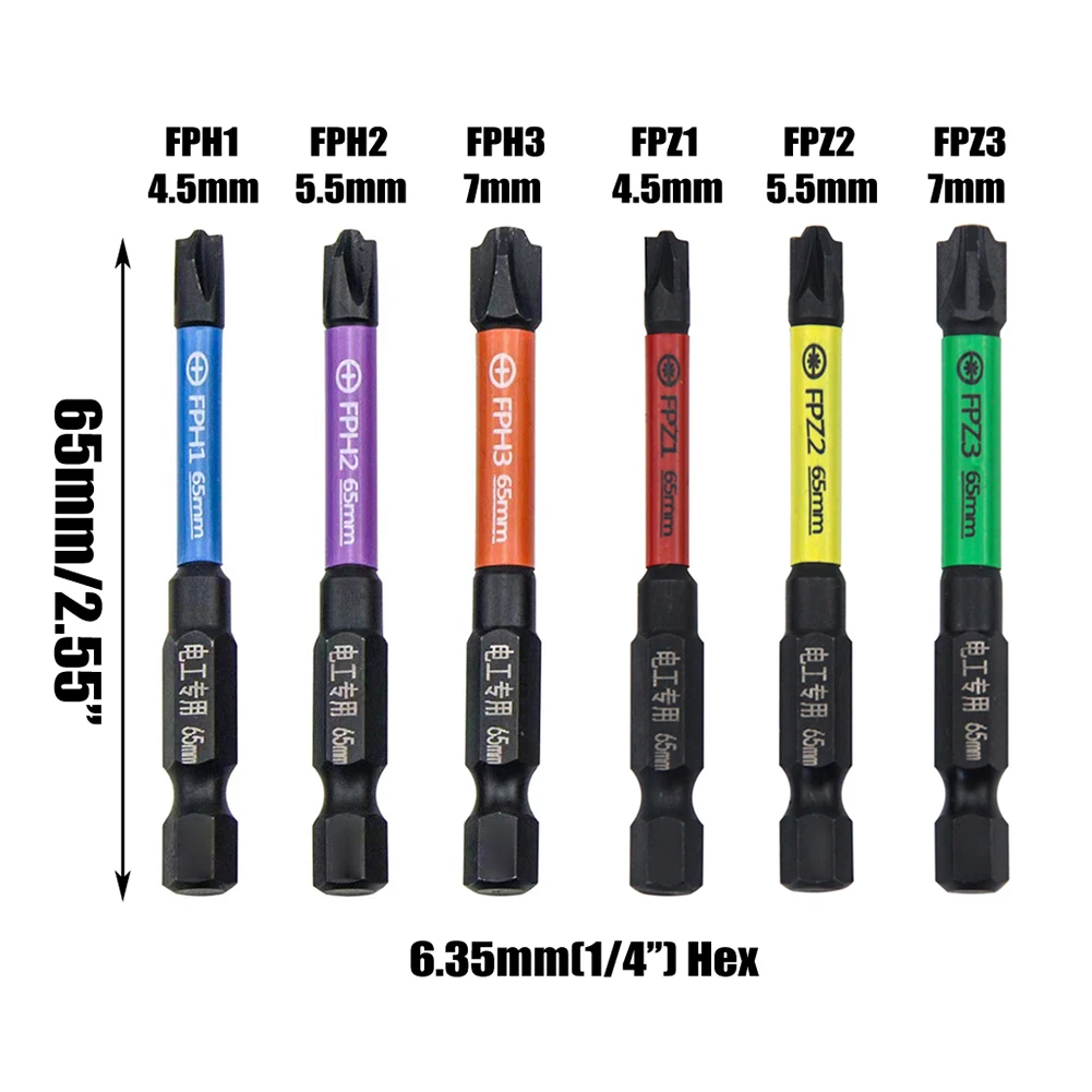 

6pcs 65mm Magnetic Special Slotted Cross Screwdriver Bit Set For Electrician FPH FPZ 1/4Inch Hex For Socket Switch Power Tools