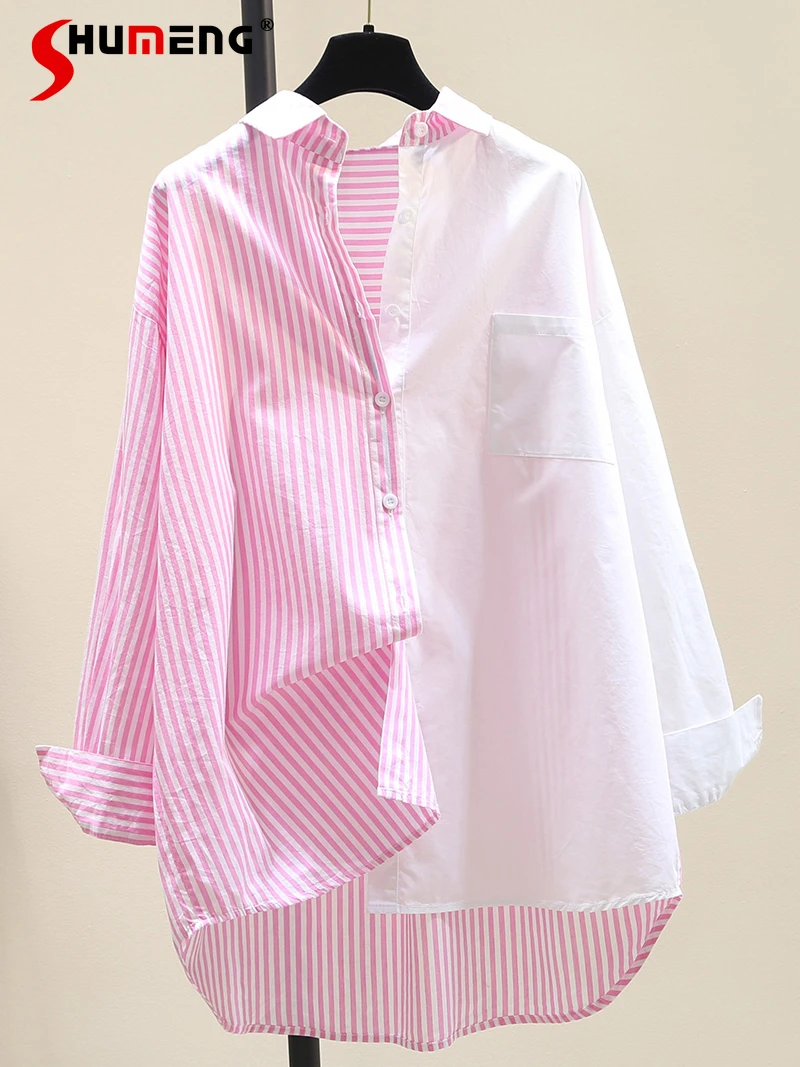 

Striped Stitching Shirt Women's Mid-Length 2022 Spring and Autumn New Korean Style Long Sleeve Colorblock Tops Camisas Mujer