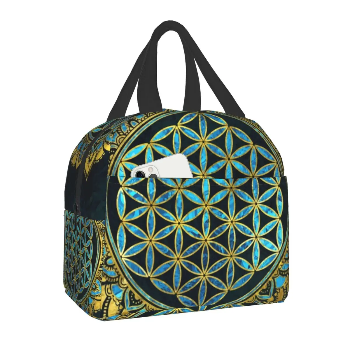 

Портативный Ланч-бокс из стекла с золотой и синей текстурой с изображением цветка жизни, Женская водонепроницаемая сумка для ланча с геомет...