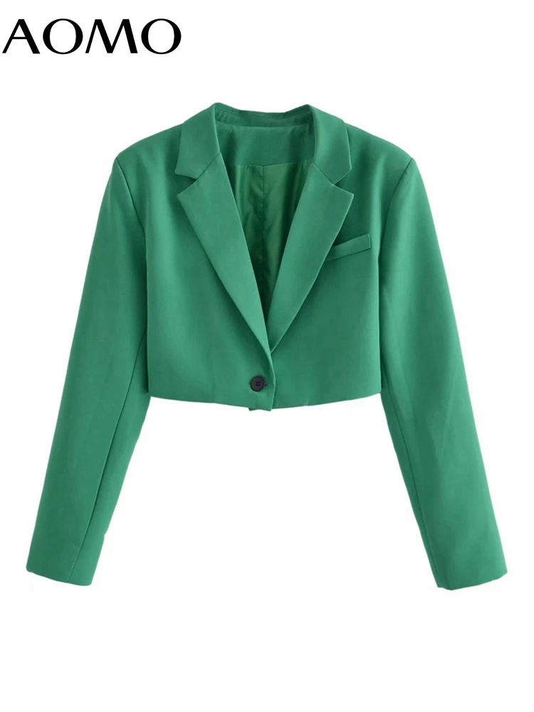 

AOMO women vintage Green blazer female long sleeve elegant jacket ladies crop blazer suits QN135A
