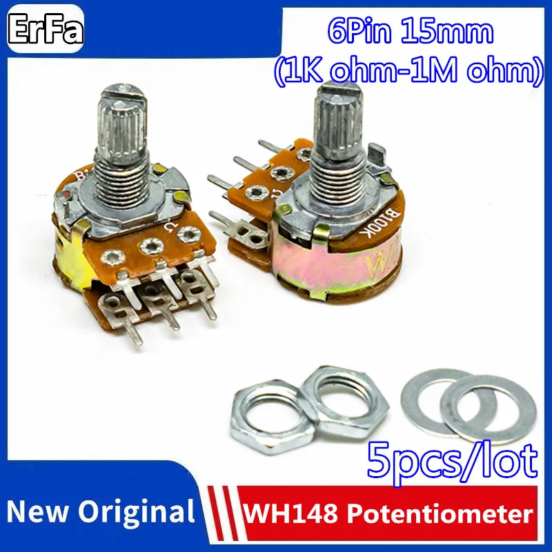 

5 шт. WH148 15 мм 6-контактный B1K B500K B2K B5K B10K B20K B50K B100K усилитель вала двойной стерео потенциометр 1K 2K 5K 10K 50K 100K 500K