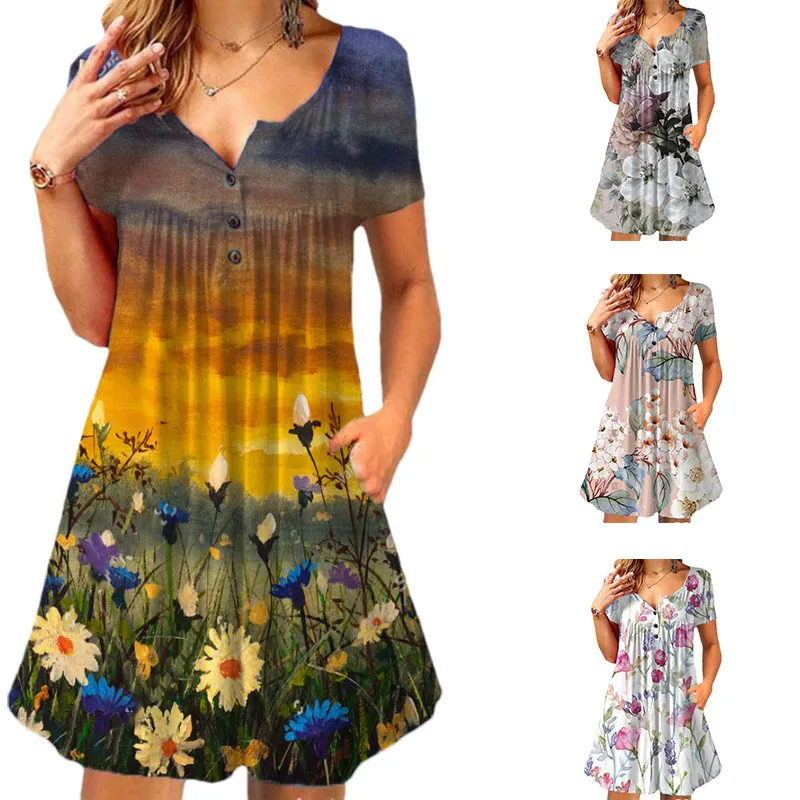 

Women New Loose Vintage Ruffles Casual Befree 5XL Button Dress Large Big Summer Printed Party Beach Dresses