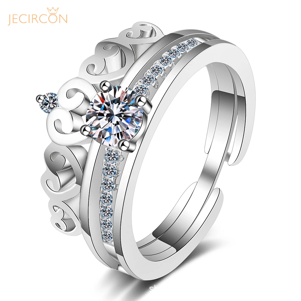 

JECIRCON 0.5 Carat Moissanite Ring for Women 925 Sterling Silver Plated pt950 Crown 2-in-1 Double-layer Wedding Band Jewelry