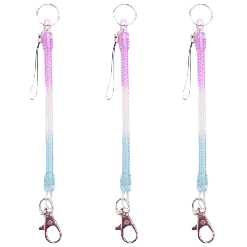 

3X Lobster Hook Purple Blue Spring Stretchy Coil Keyring Keychain Strap Rope Cord