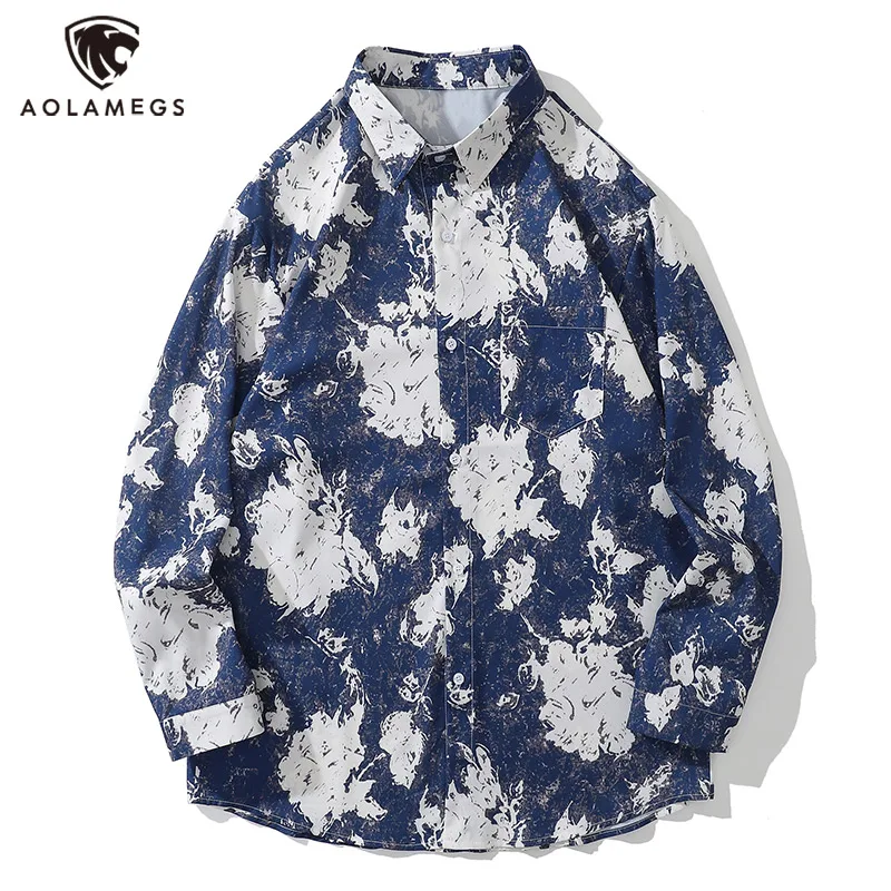 

Streetwear Men's Flower Graffiti Print Oversized Shirts Lapel Button Long Sleeve Shirt Autumn Fashion Trendy Tops Men and Women