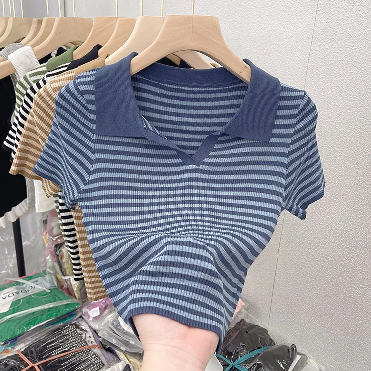 

GG0084 Striped ice silk T-shirt women's short sleeve 2022 new summer foreign style short Polo neck sweater slim fitting top