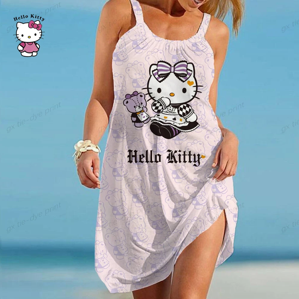 

Летнее платье, женские летние платья с принтом Hello Kitty, Свободные повседневные платья с оборками, простые пляжные платья, Повседневное платье для беременных