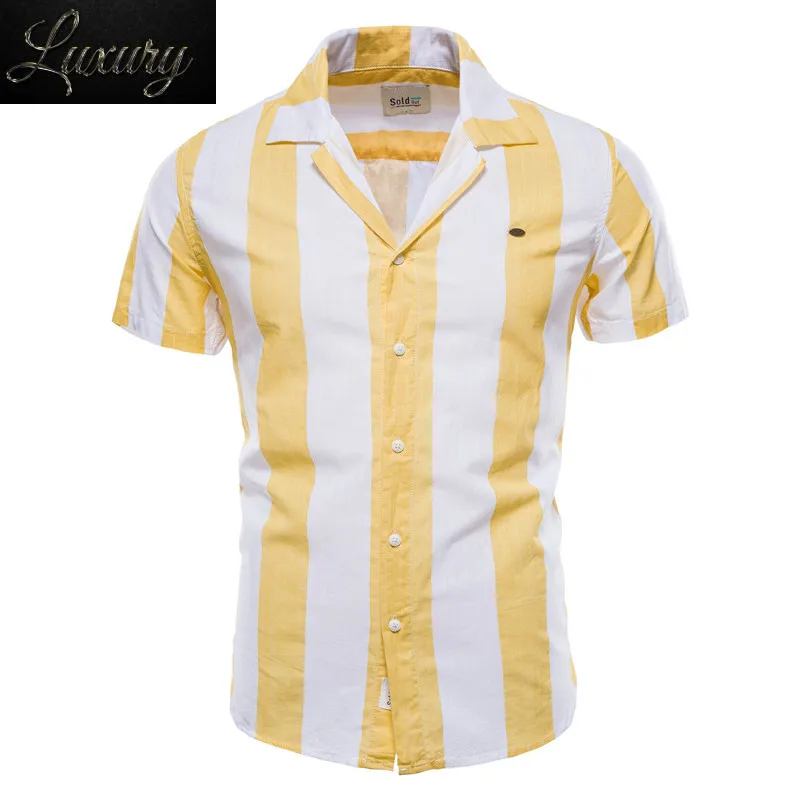 

100% Cotton Striped Linen Men Shirts Short Sleeves Suit Collar Men's Board Summer Clothes For