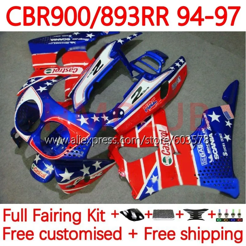 

Body For HONDA CBR893RR CBR900 CBR893 CBR 893RR 893 RR CC 1994 1995 1996 1997 CBR900RR 94 95 96 97 Fairing 120No.99 blue red