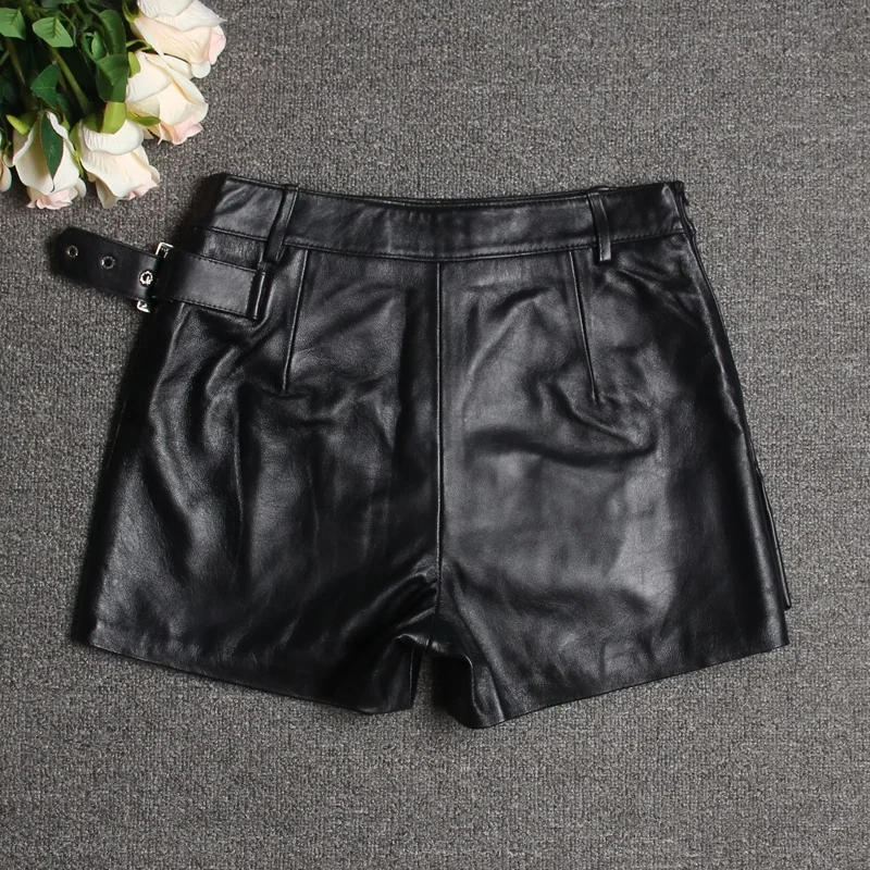 Slim Leather Female Genuine Wide Leg Shorts Women 100% Sheepskin Real Leather Shorts Skirts Ladies Sexy Streetwear Spring