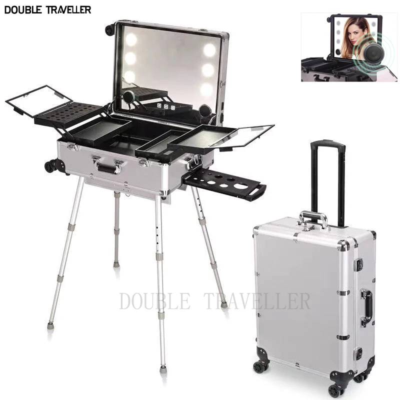 NEW Professional Rolling Cosmetic Case Beauty Makeup Trolley suitcase LED Light Mirror Luggage Aluminum frame Folding table