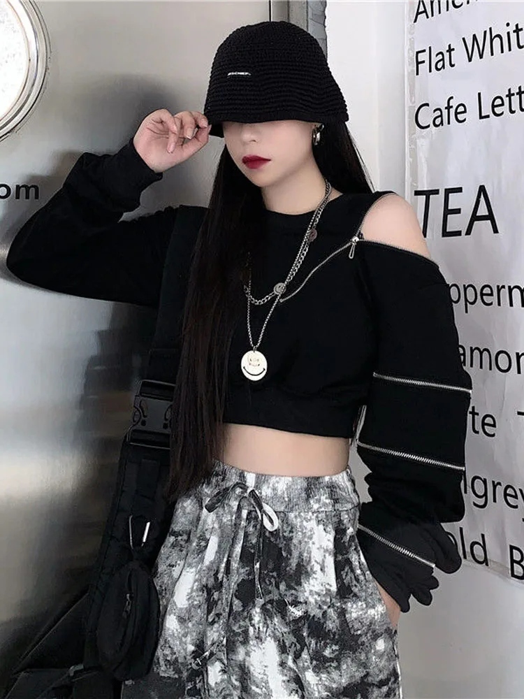 Женская укороченная Толстовка в стиле Харадзюку Черная Оверсайз с открытыми