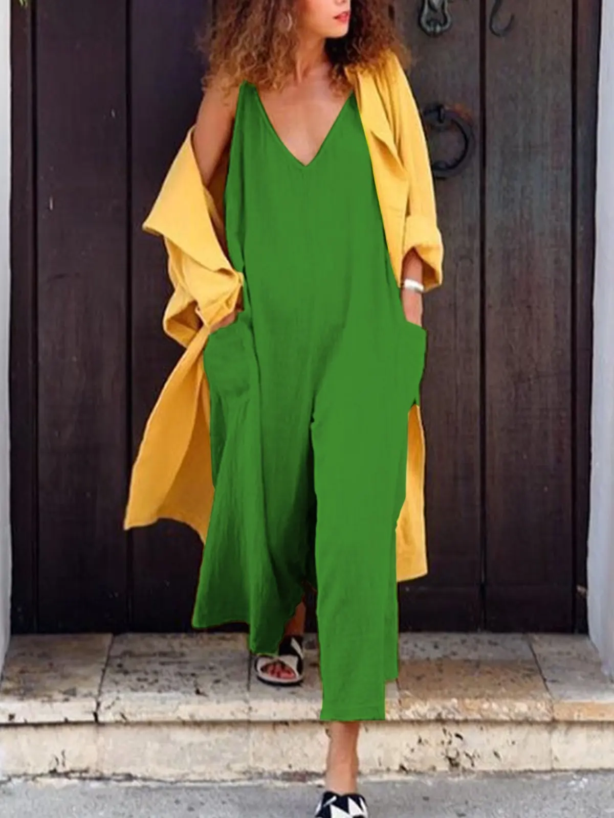 

New Women's Monochrome Pocket V-neck Sleeveless Cotton and Linen Suspenders Jumpsuit