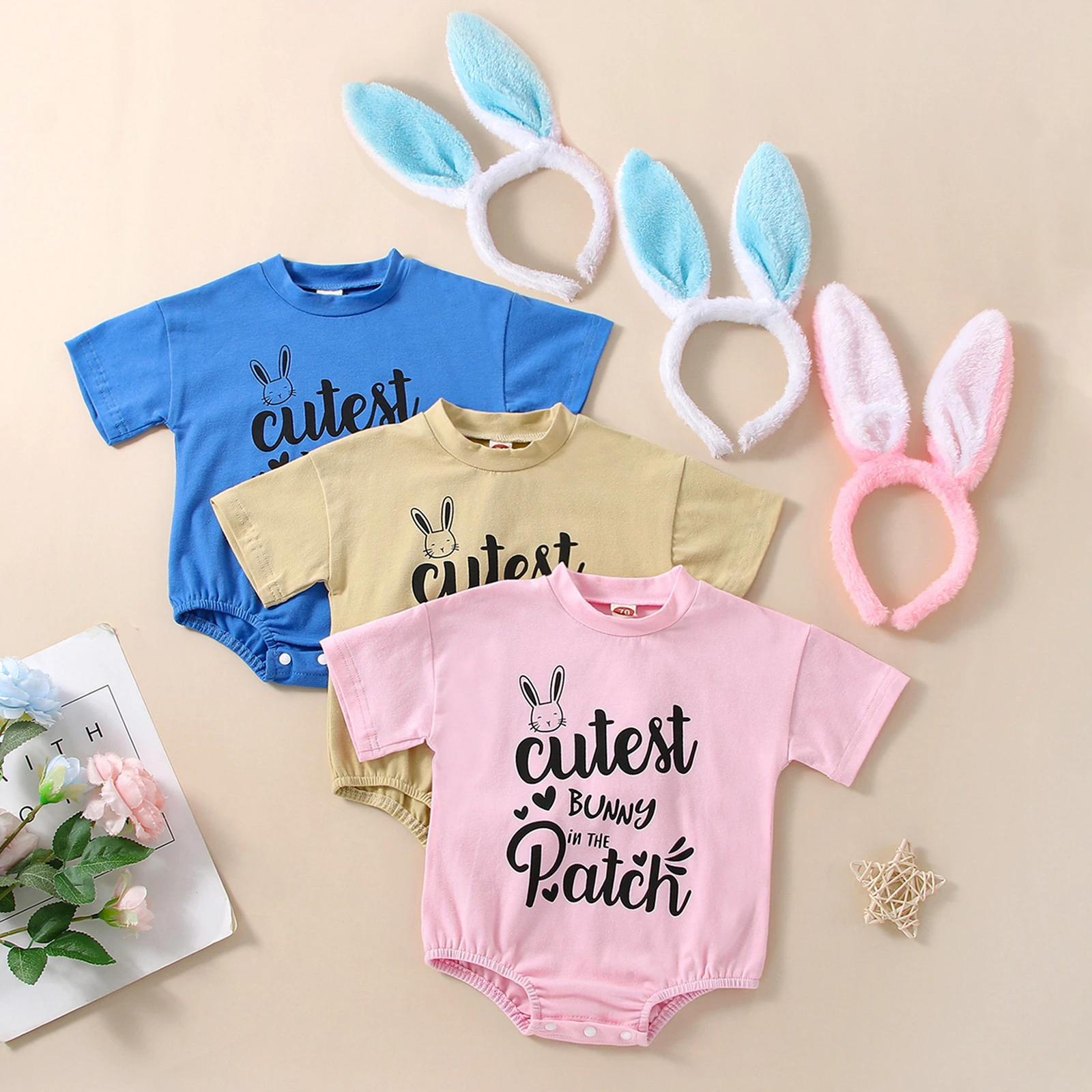 

2022-12-09 Lioraitiin 0-18M Infant Baby Boy Girl 2Pcs Easter Outfits Short Sleeve Letter Romper with Bunny Ears Headband Set