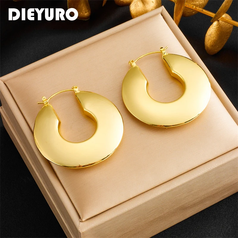 

DIEYURO 316L Stainless Steel Round Geometric Hoop Earrings For Women Girl New Fashion Exaggerated Ear Jewelry Lady Gift Party