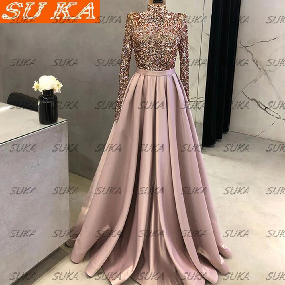 

Muslim Shinny Pink Sequin High Collar Night Dresses Long Sleeves Prom Formal Party Gowns A-line Satin customize فساتين السهرة