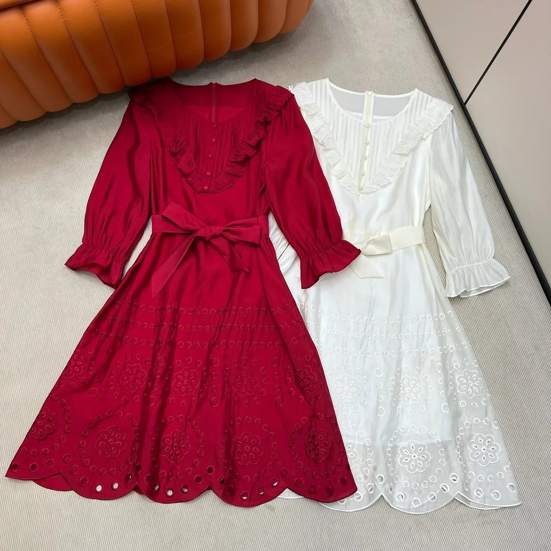 New Heavy Industry Embroidery hollowed out Lace belt dress Lace horn seven-point sleeves refreshing and comfortable
