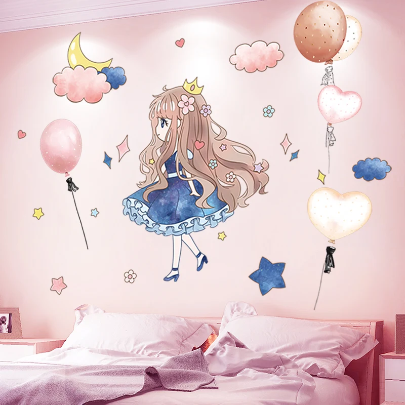

[shijuekongjian] Cartoon Girl Wall Stickers DIY Creative Balloons Wall Decals for Kids Rooms Baby Bedroom House Decoration