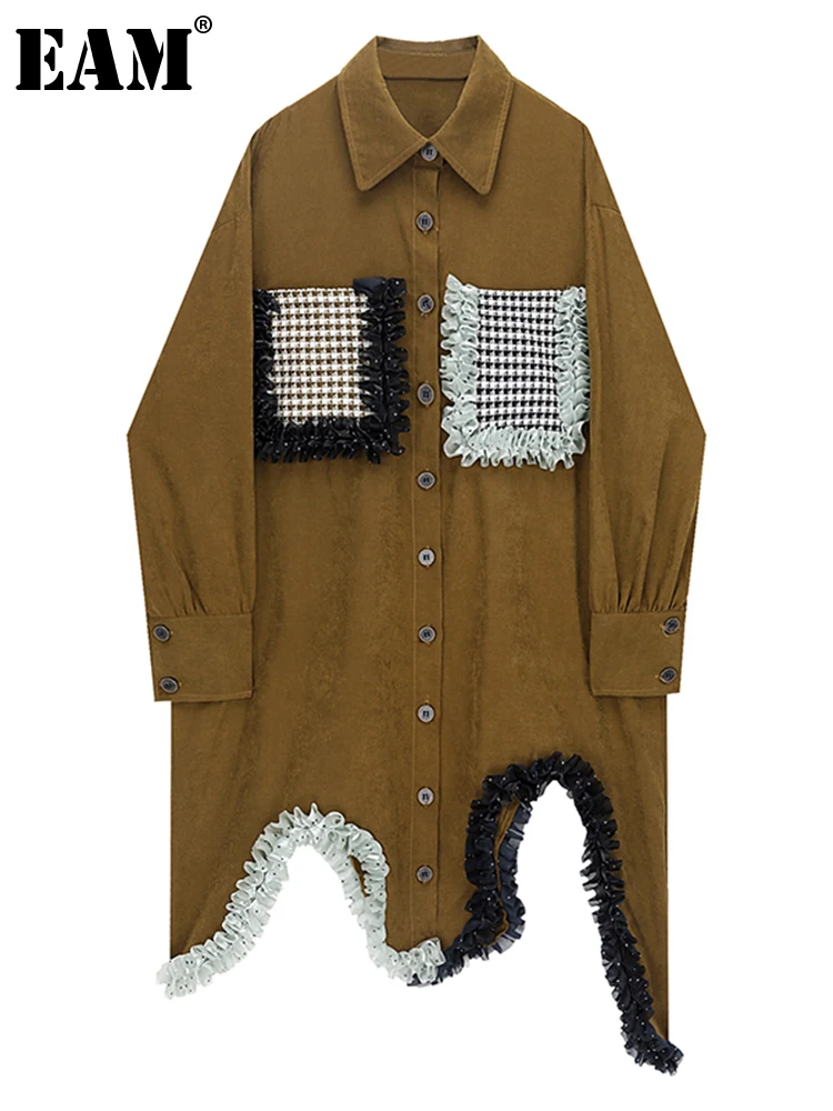 

[EAM] Women Caramel Color Irregular Plaid Big Size Shirt Dress New Lapel Long Sleeve Loose Fashion Spring Autumn 2022 1DE6720